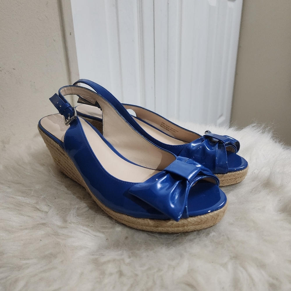 Franco Sarto Blue & Beige Bow Tie Open Toe Wedges